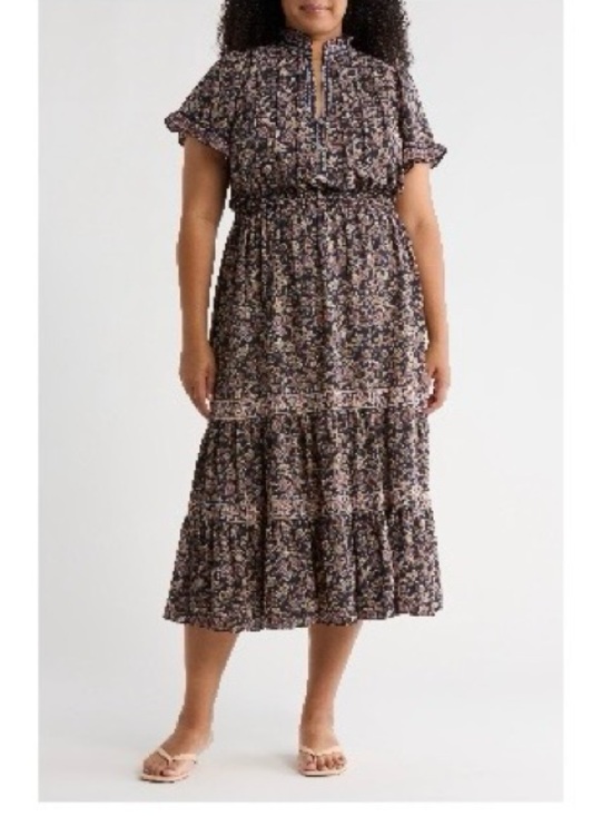 Max Studio Dresses & Skirts - NWT Max Studio Flutter Sleeve Tiered Maxi Dress in a Navy Botanical Tapestry